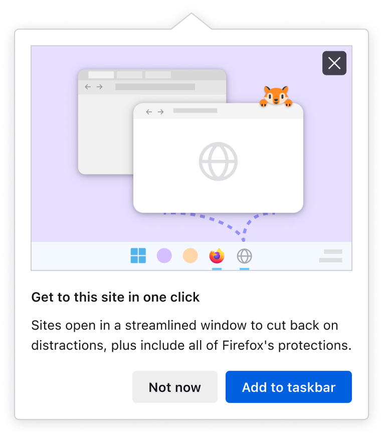 Firefox 提示將網站加入 Windows 工作列並以獨立視窗開啟